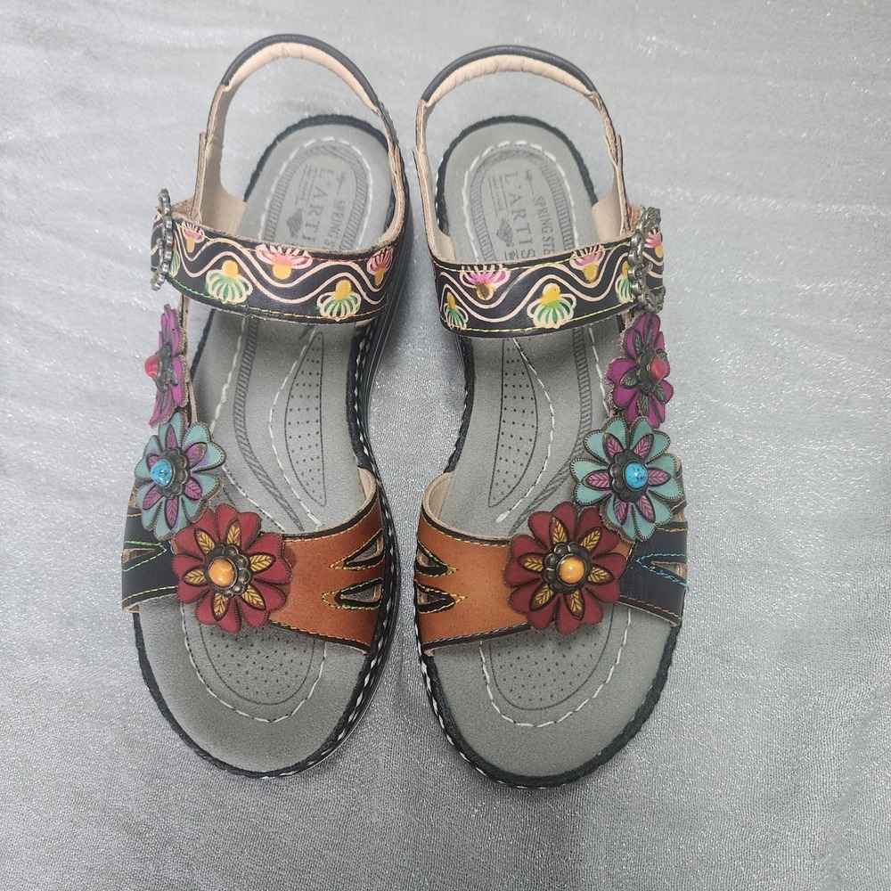 Spring Step L'Artiste Laga Floral Leather Platform Sandals Womens 37 US 6.5-7